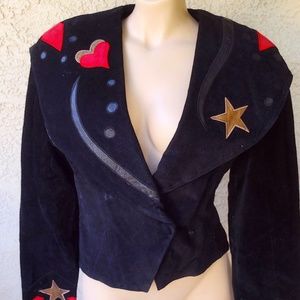 AS-IS Vintage Chia Fitted Black Suede Leather Jacket w/ Heart & Star Patches / M